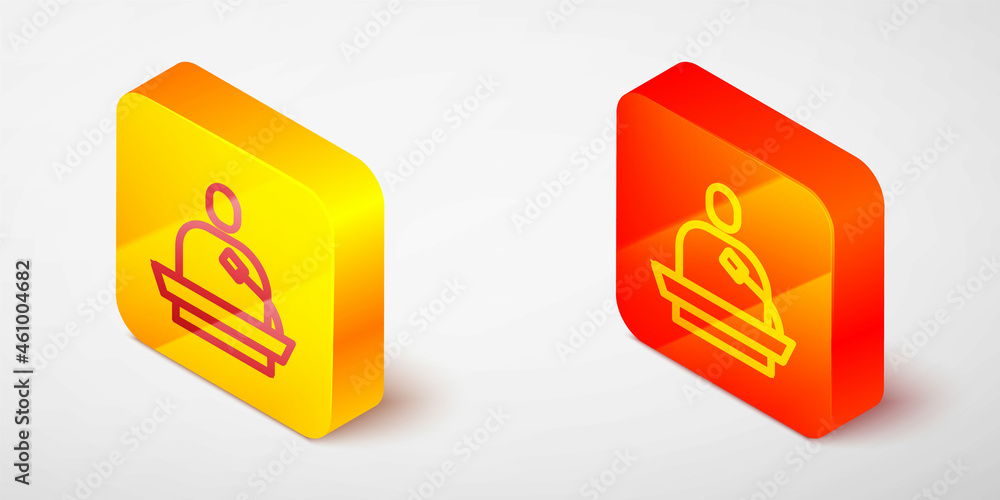 Poster isometric line gives lecture icon isolated on grey background. stand near podium. speak into microph