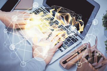 Multi exposure of woman hands working on computer and brain hologram drawing. Ai concept.