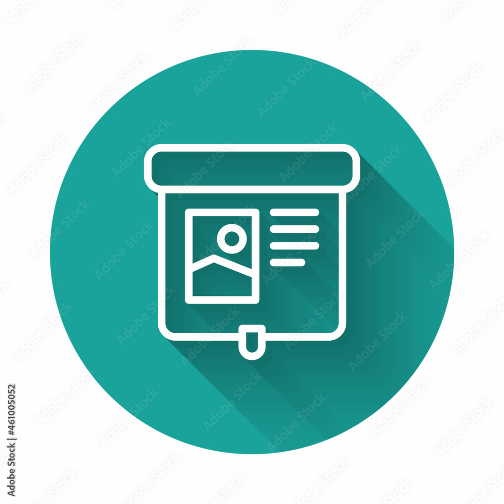 Poster white line projection screen icon isolated with long shadow background. business presentation visual