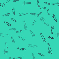 Black line Microphone icon isolated seamless pattern on green background. On air radio mic microphone. Speaker sign. Vector