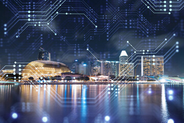 Information flow hologram, night panorama city view of Singapore. The largest technological center in Asia. The concept of programming science. Double exposure.