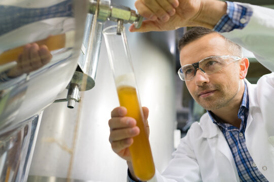 mid section of brewer testing beer at brewery factory