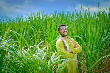 Indian farmer feeling happy and proud in sugarcane field
