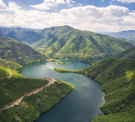 Aerial panoramic view of Vacha Dam in Rhodope Mountain, Bulgaria