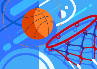 Basketball banner with ball and basket. Sport placard design in flat style.