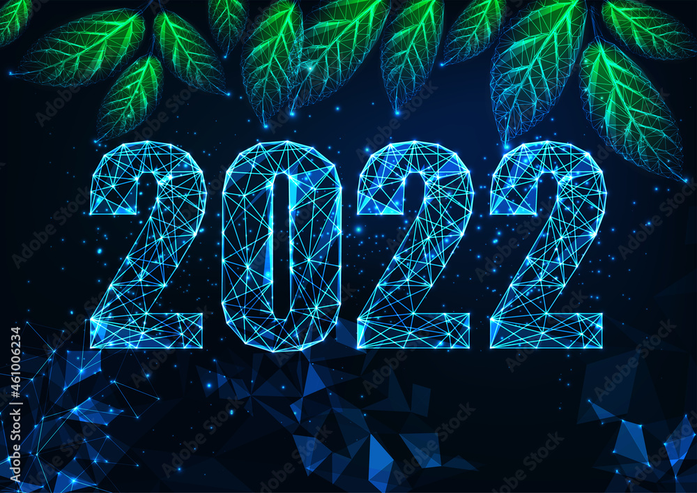 Wall mural abstract 2022 new year digital web banner template with glowing low polygonal digits and green leave