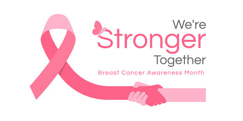 We are stronger together, Breast cancer awareness month text and pink ribbon with hand hold hand vector Design