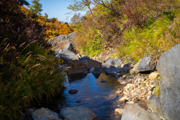 宮城県栗原市、秋田県湯沢市、雄勝郡東成瀬村、岩手県一関市にある栗駒山を紅葉の時期に登山する風景A view of climbing Mt. Kurikoma in Kurihara City, Miyagi Prefecture, Yuzawa City, Akita Prefecture, during the autumn foliage season.