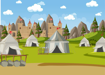Military medieval camp with tents and castle