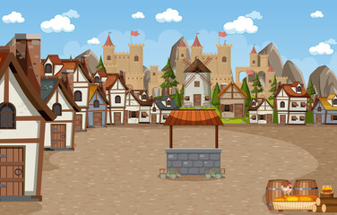 Obraz na płótnie Canvas Medieval town scene with castle background