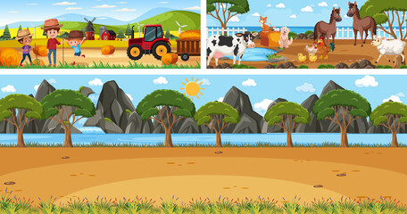 Set of different outdoor landscape scenes with cartoon character