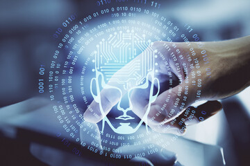 Obraz premium Double exposure of man's hand holding and using a digital device and brain hologram drawing. Data concept.