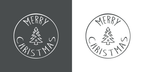 Fototapeta na wymiar Banner con frase MERRY CHRISTMAS manuscrito con árbol de navidad con bolas en círculo en fondo gris y fondo blanco