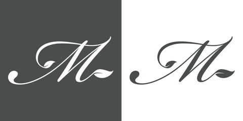 Logotipo letra inicial M con hojas de planta en fondo gris y fondo blanco - obrazy, fototapety, plakaty