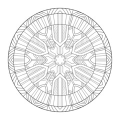 Decorative round mandala with striped patterns on a white isolated background. For coloring book pages.