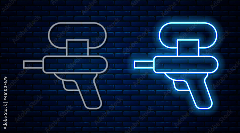 Sticker Glowing neon line Water gun icon isolated on brick wall background. Vector