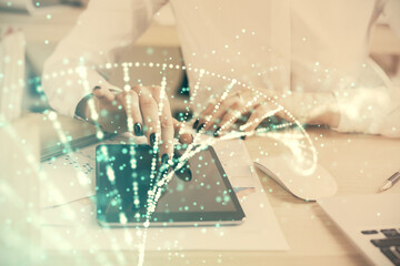 Double exposure of DNA sketch hologram and woman holding and using a mobile device. Education concept.