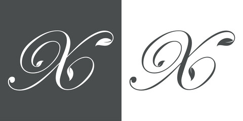 Logotipo letra inicial X con hojas de planta en fondo gris y fondo blanco