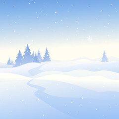Vector illustration of a snowy forest path, winter landscape background