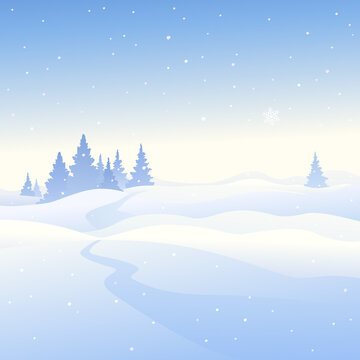 Vector illustration of a snowy forest path, winter landscape background