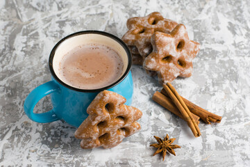 Obraz na płótnie Canvas Delicious gingerbread cookies and aromatic cocoa with cinnamon and star anise on a light background