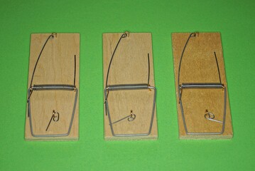 a row of three empty brown wooden mousetraps stand on a green table