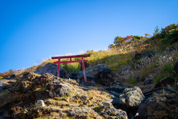 宮城県栗原市、秋田県湯沢市、雄勝郡東成瀬村、岩手県一関市にある栗駒山を紅葉の時期に登山する風景A view of climbing Mt. Kurikoma in Kurihara City, Miyagi Prefecture, Yuzawa City, Akita Prefecture, during the autumn foliage season.
