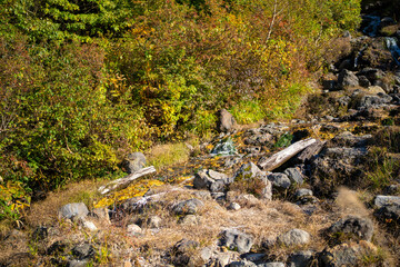 宮城県栗原市、秋田県湯沢市、雄勝郡東成瀬村、岩手県一関市にある栗駒山を紅葉の時期に登山する風景A view of climbing Mt. Kurikoma in Kurihara City, Miyagi Prefecture, Yuzawa City, Akita Prefecture, during the autumn foliage season.