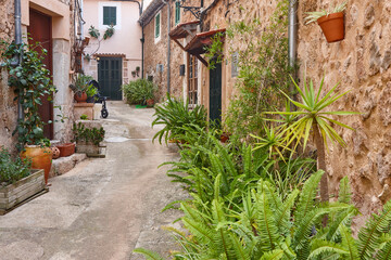 Fototapeta na wymiar Traditional stone alley surrounded by plants in Mallorca, Spain