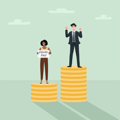 Obraz premium Equal pay gap concept, Business man and woman standing on coin stack.