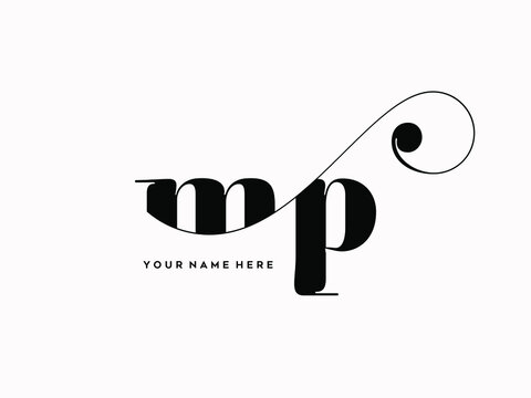 MP monogram logo.Typographic signature icon.Decorative swirl lowercase letter m and letter p.Lettering sign isolated on light fund.Wedding, fashion, beauty alphabet initials.Elegant, luxury style.