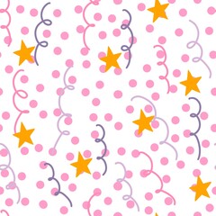 Seamless birthday pattern with stars and confetti on white background