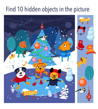 Find 10 hidden objects in picture. Cheerful funny dogs animals ​in forest ​on ice rink. Christmas, New Year tree. Puzzle game with hidden elements. Vector illustration.