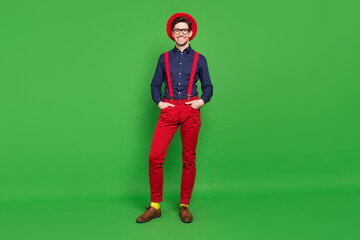 Photo of charming funny young guy dressed pinup outfit headwear smiling isolated green color...