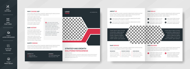 Business bi-fold brochure design in A4 size template. Red and black creative catalog layout for IT Company.