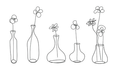 Vector vases and bottles with Flowers. Modern set of doodle. Pattern vases with Flowers drawn by one line on a white background. - obrazy, fototapety, plakaty