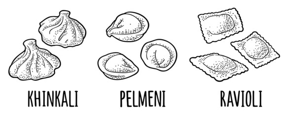 Khinkali, ravioli, pelmeni. Traditional russian, georgian, italian food. Vintage color vector engraving