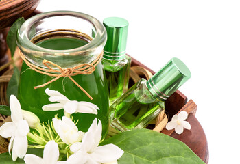Perfume from fragrant flowers such as ylang-ylang flower, rose, jasmine and pandanus green leaves...