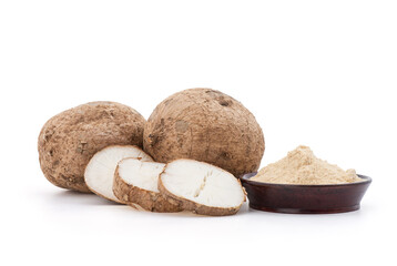 Pueraria mirifica or white kwao krua fruit ,slices and powder isolated on background with clipping path.