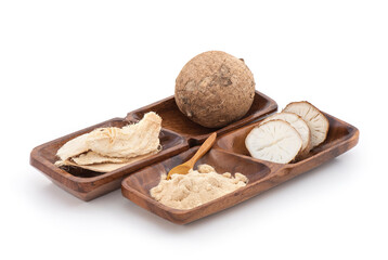 Pueraria mirifica or white kwao krua fruit ,slices and powder isolated on background.