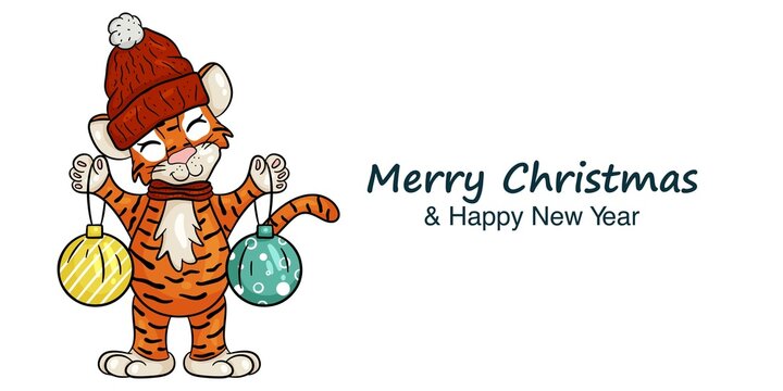 The New Year banner with the image of tiger with Christmas decorations. Symbol of the year according to the Chinese calendar. Merry Christmas and Happy New Year. Vector illustration cartoon style