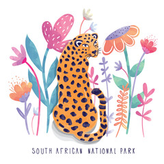 Hand drawn cute leopard illustration. Trendy Jungle print. Illustration for nursery design, poster, greeting, birthday card, baby shower and party.Animal pattern print.