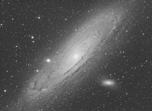 Close up of Messier 31 galaxy in black and white, located in Andromeda constellation, taken with my telescope.