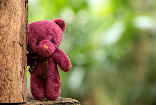 Red bear alone stands beside an old wood on a natural background.