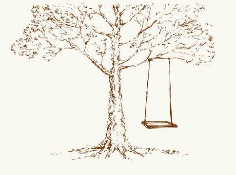 Vector Sketch. Swing on old oak tree