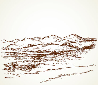 The path by the mountain lake. Vector drawing