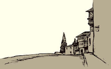 Obraz premium Narrow street of the old city. Vector drawing
