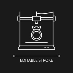 3d jewelry printing white linear icon for dark theme. Jewelry production. Modern technology. Thin line customizable illustration. Isolated vector contour symbol for night mode. Editable stroke