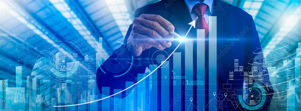 Poster businessman point to growthing graph and modern computer virtual dashboard analyzing finance sales d