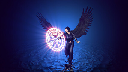 3d illustration dark angel activates the runic chakra